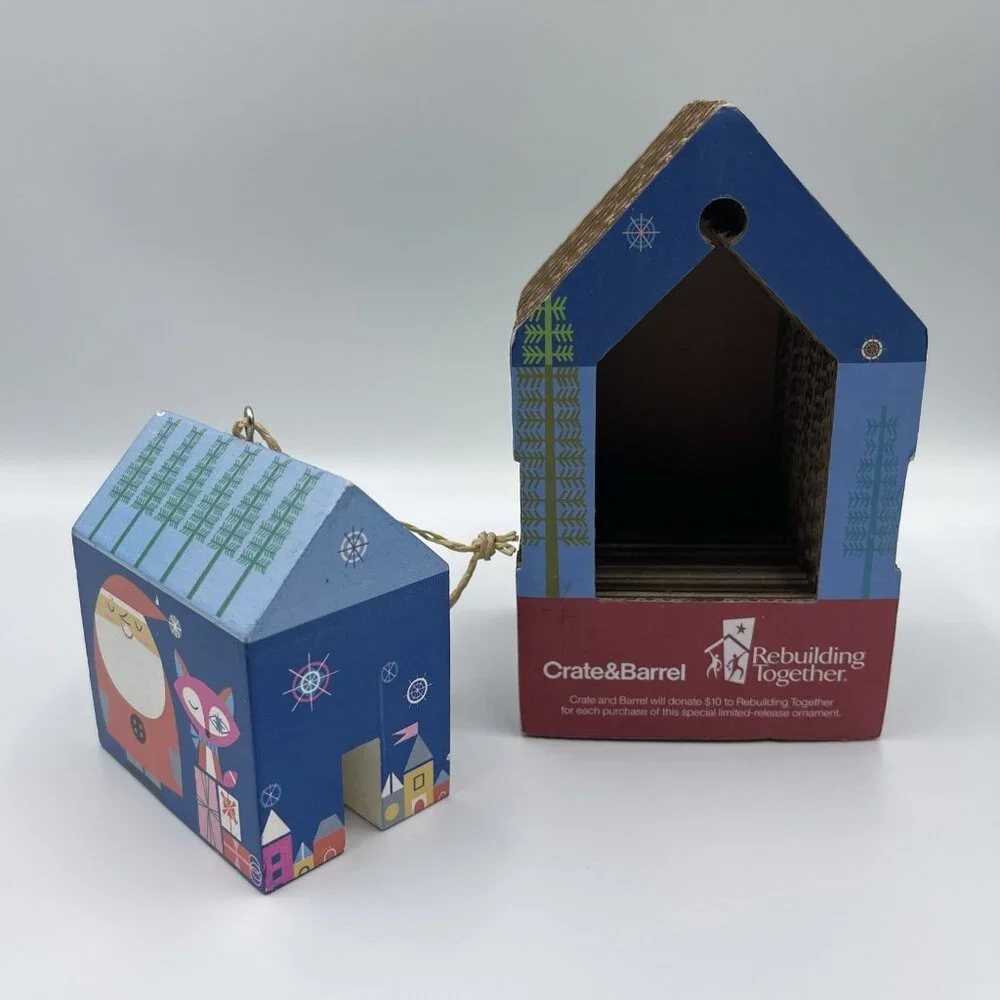 2013 Crate & Barrel Suzy Ultman Wooden House Christmas Ornament Hearts & Home